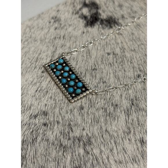 Native Navajo Handmade Sterling Kenny Longjose Kingman Turquoise Bar Necklace - Picture 6 of 10